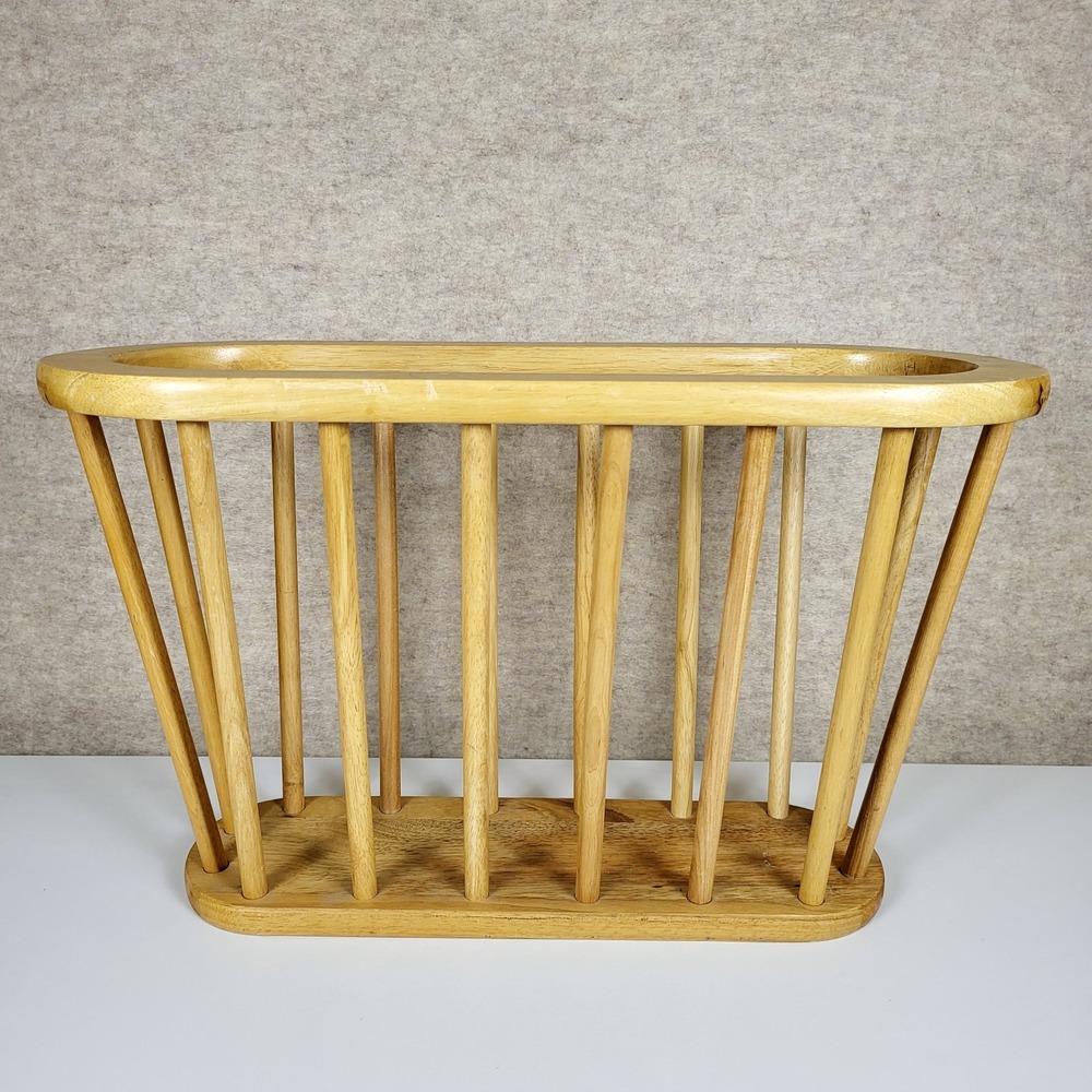Vintage MCM Wood Spindle Magazine Rack Oval Light 20.5" Book Storage